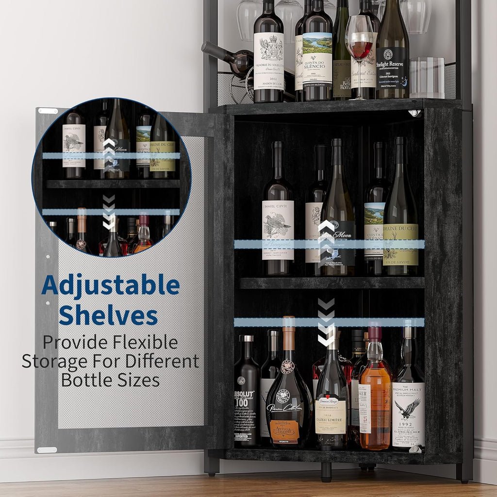 IDEALHOUSE Corner Bar Wine Cabinet with Glass Holder Wine Bar Rack Cabinet with Mesh Door & Glass Holder,Industrial Liquor Cabinet for Home, Kitchen, Dinning Room,Black