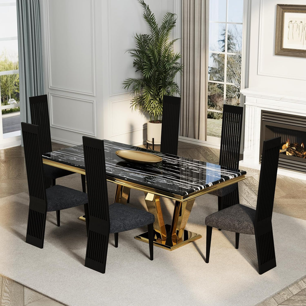 Modern Black Dining Chairs Set of 2, Upholstered High Back Dining Chairs with Stainless Steel Backrest and Legs, Luxury Dining Room Chairs for Kitchen Living Room Restaurant