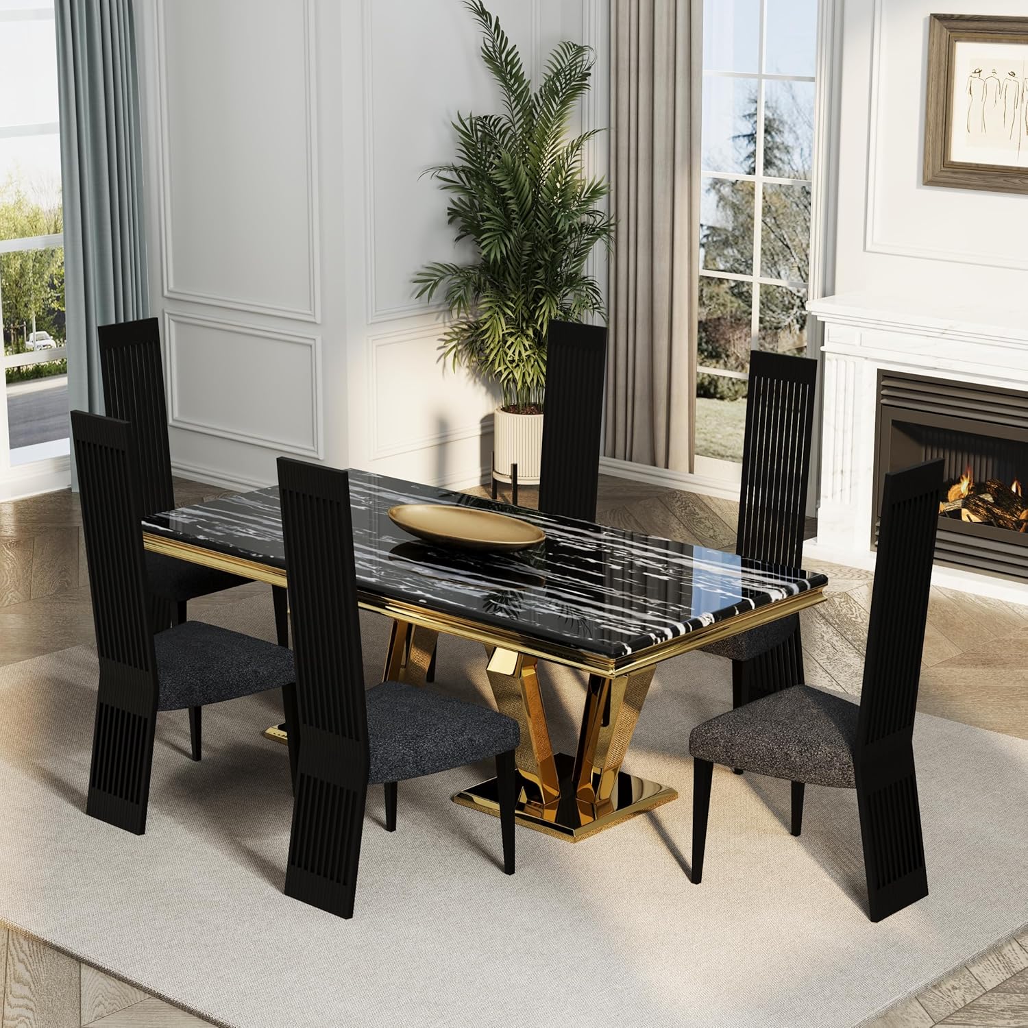 Modern Black Dining Chairs Set of 2, Upholstered High Back Dining Chairs with Stainless Steel Backrest and Legs, Luxury Dining Room Chairs for Kitchen Living Room Restaurant