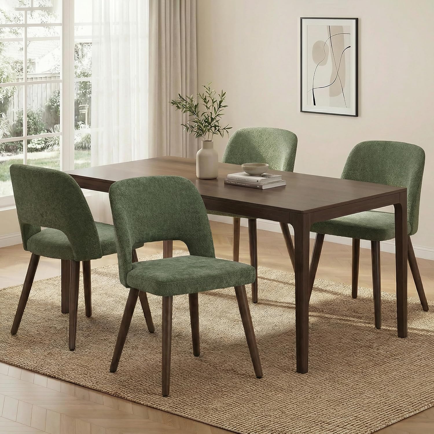 Usaint Wooden Dining Chairs Set of 4, 19.3" Modern Fabric Upholstered Dining Room Chair with Ergonomic Curved Backrest for Kitchen Dining Room and Restaurant, Green