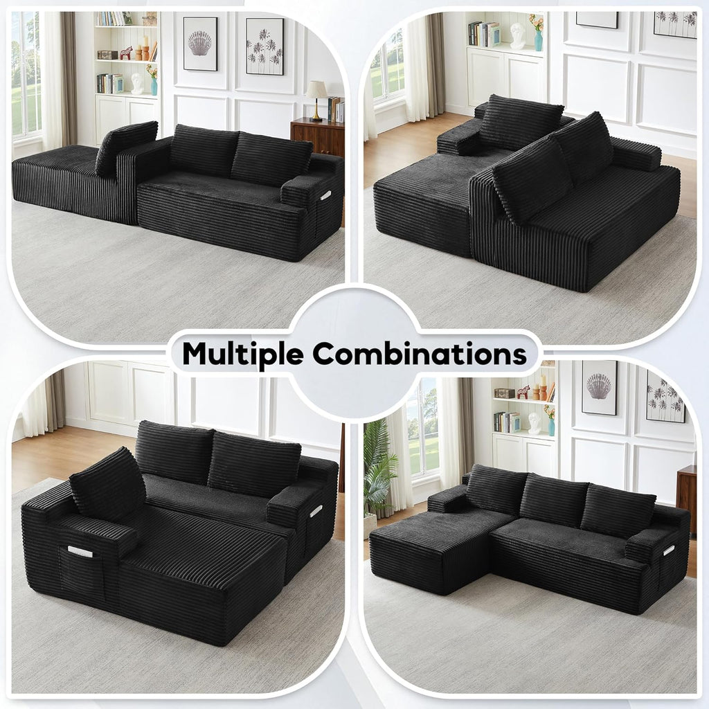 96.1" Cloud Sectional Couch, Modern Modular L Shape Sectional Sofa with Deep Seat Chaise, Comfy Corduroy Boneless Couches for Living Room (Black, Left Chaise)