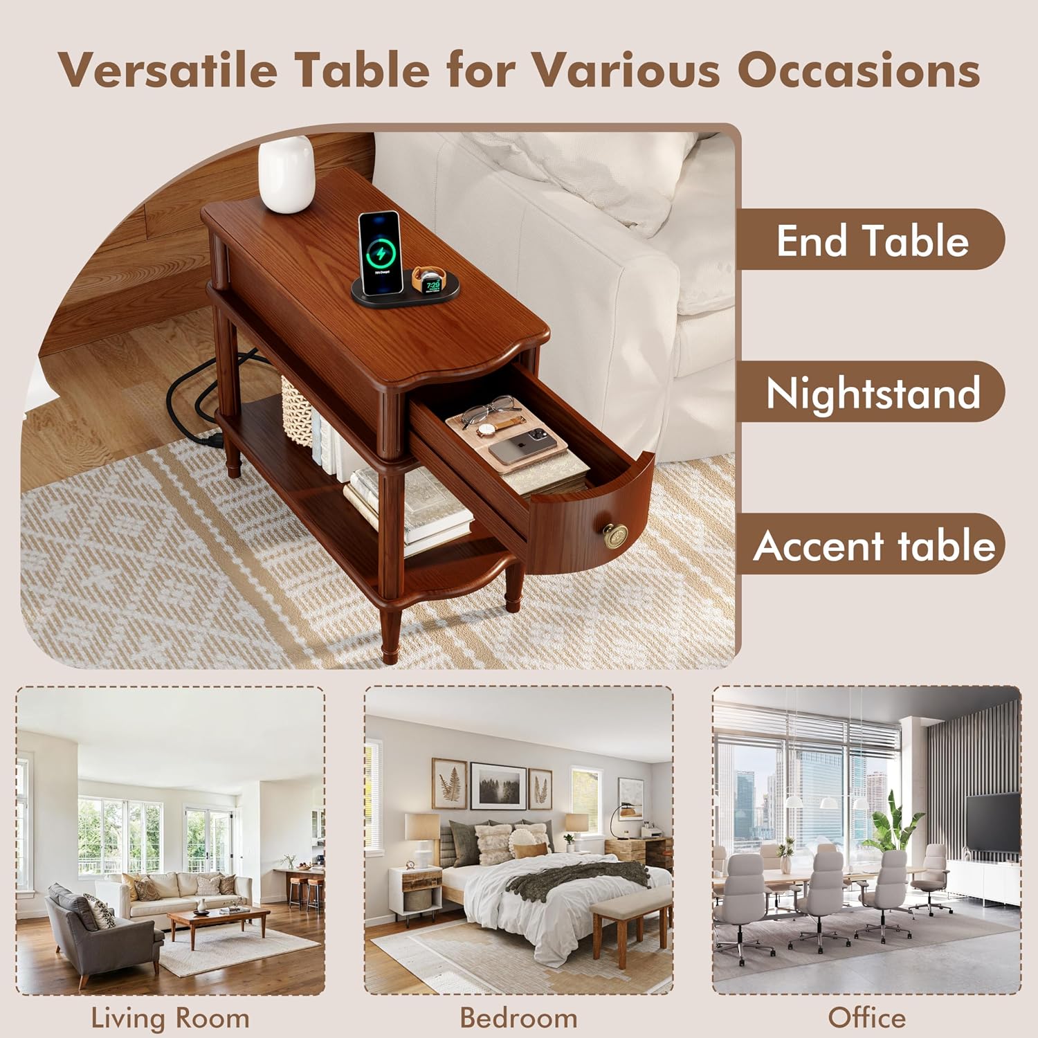 Nightstand with Charging Station & Drawer, Pre-Assembled Vintage Side Table with Shelf, Rustic Wood Finish Narrow End Table with Turned Legs for Bedroom Living Room, Caramel Walnut Brown, 2Pcs