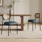 Rattan Dining Chairs Set of 2, Blue Leather Upholstered Dining Chairs with Rattan Cane Back, Mid Century Modern Dining Room Chairs with Black Metal Legs & D-Shaped Thicken Cushion, Blue