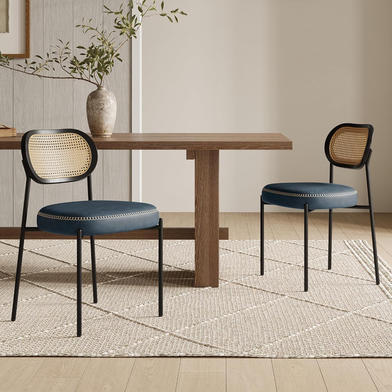 Rattan Dining Chairs Set of 2, Blue Leather Upholstered Dining Chairs with Rattan Cane Back, Mid Century Modern Dining Room Chairs with Black Metal Legs & D-Shaped Thicken Cushion, Blue