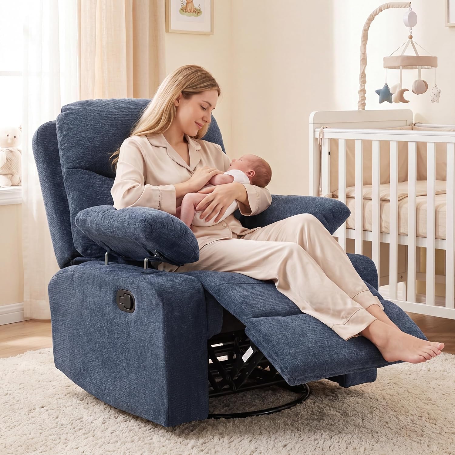 FiveWillowise Rocking Chair Nursery with Adjustable Armrests, 360° Swivel Rocker Recliner for Moms, Manual Gilder Rocker Nursing Chair with Wide Foot Rest for Living Room, Bedroom, Dark Blue