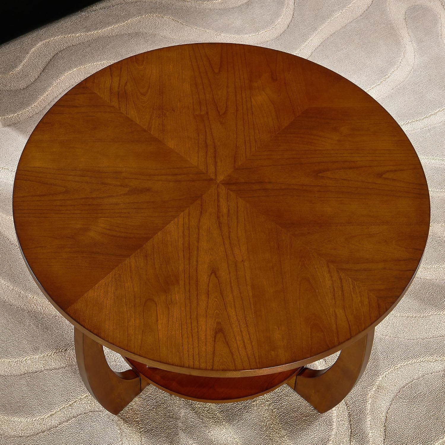 29.5" Round Coffee Table, 2-Tier Circle Coffee Table with Storage Removable Lower Shelf, Solid Wood Accent Center Table for Living Room, Curved Cross Legs & Walnut Finished, Easy Assembly, Dark Brown