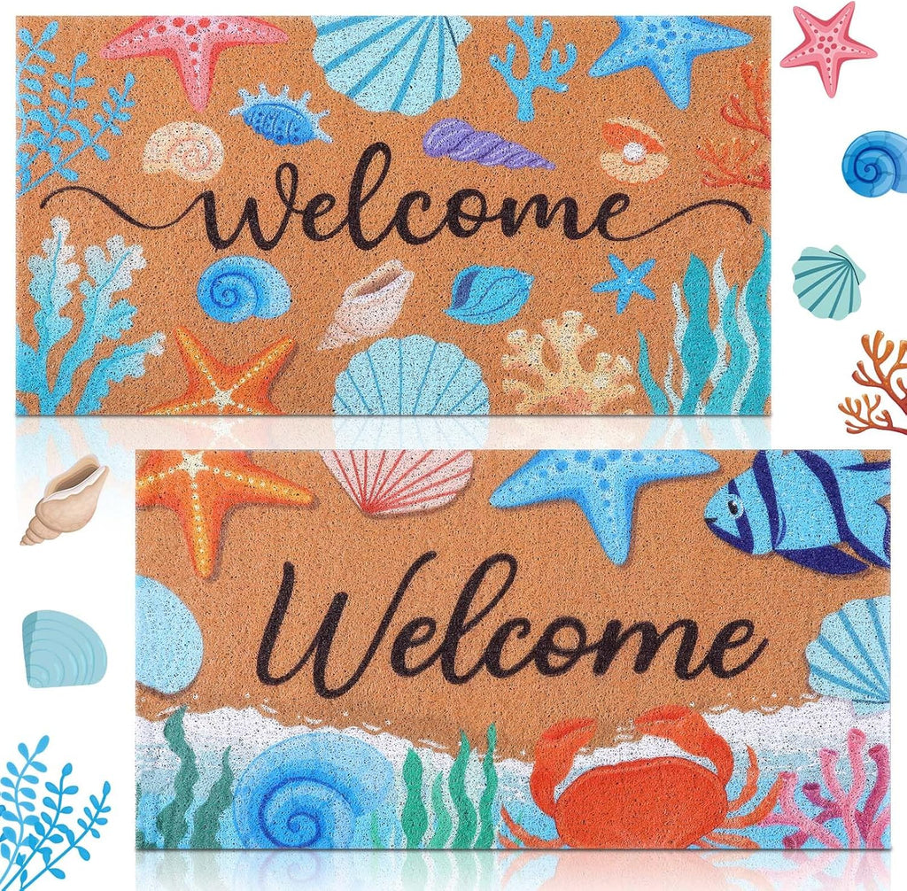 Booson 2 Pcs Welcome Mat Front Door Coastal Beach Coir Doormat Starfish Seashell Non Slip Entrance Door Rugs for Summer Outdoor Indoor Holiday Home Bathroom Decoration 29.5 x 15.8 inch