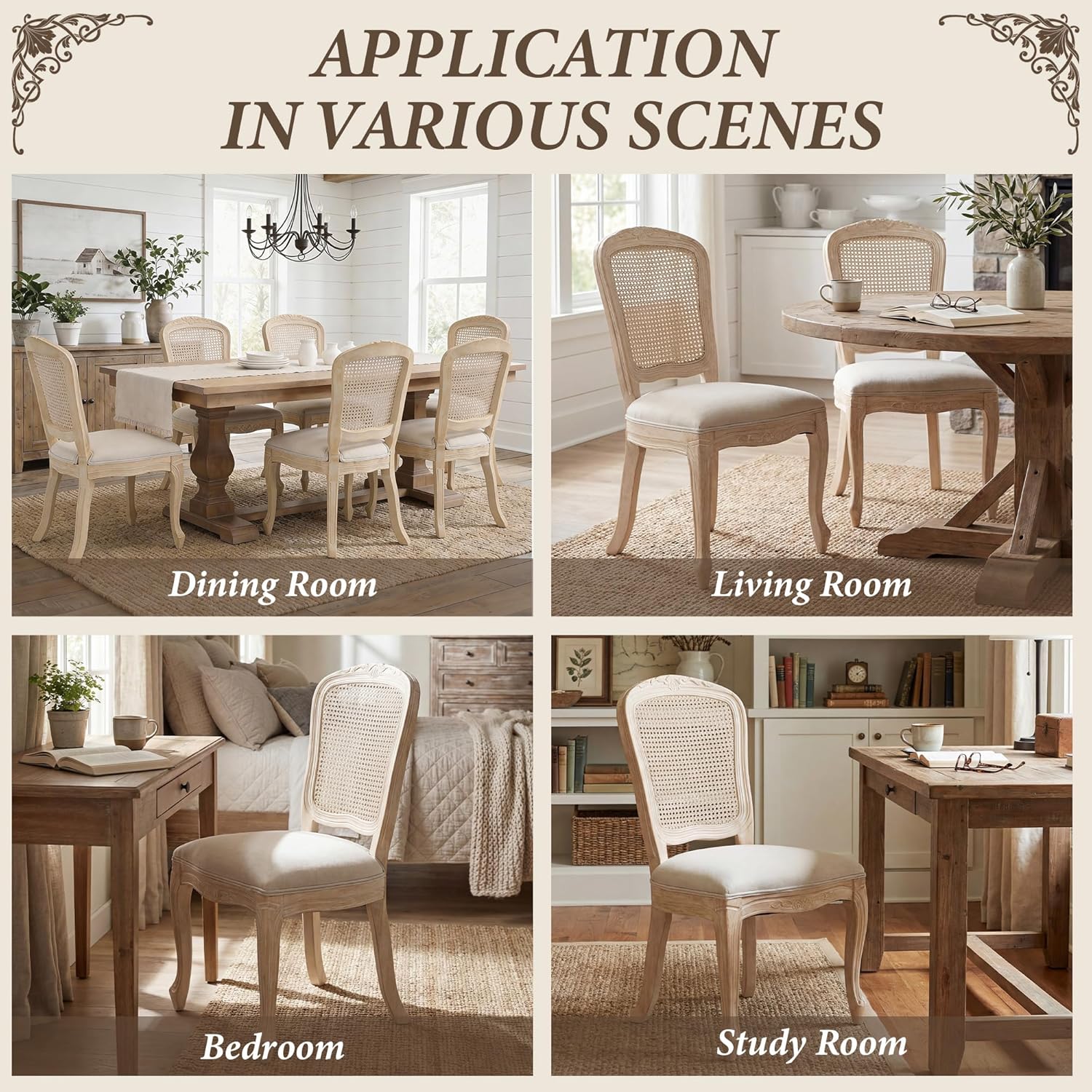 Wicker Dining Chairs Set of 2, Upholstered Linen Fabric Dining Room Chairs with Square High Rattan Back Farmhouse French Kitchen Chairs for Dining Table/Living Room/Restaurant, White