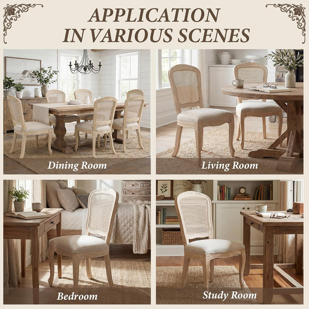 Wicker Dining Chairs Set of 6, Upholstered Linen Fabric Dining Room Chairs with Square High Rattan Back Farmhouse French Kitchen Chairs for Dining Table/Living Room/Restaurant, White