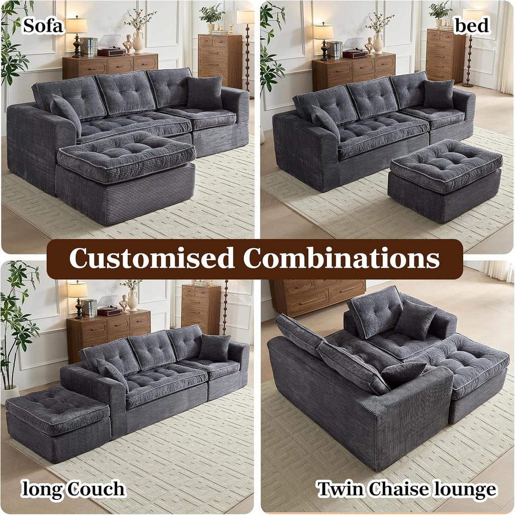 ROXGOX Modular Sectional Sofa, Modern Boneless Couch with L-Shape Chaise, Home Sectional Comfy Sofa Set for Living Room Bedroom and Floor, Plush Corduroy, No Assembly Required (Gray)