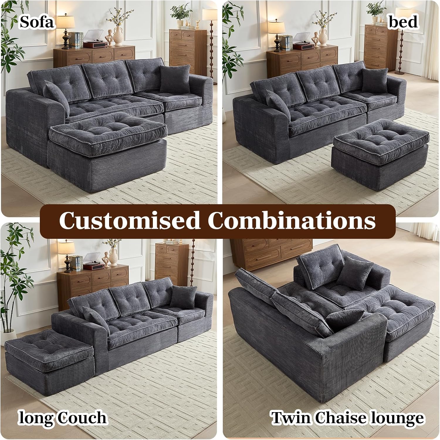 ROXGOX Modular Sectional Sofa, Modern Boneless Couch with L-Shape Chaise, Home Sectional Comfy Sofa Set for Living Room Bedroom and Floor, Plush Corduroy, No Assembly Required (Gray)
