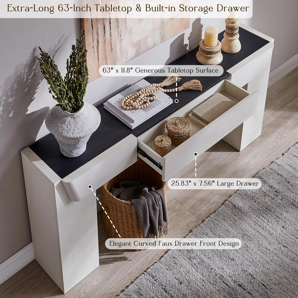 JXQTLINGMU 63" Modern Console Table with Storage Drawer, Entryway Table with Drawers, Thick Wood Legs, Sofa Table Behind Couch, Wood Console Tables for Entryway Hallway Living Room, White and Black