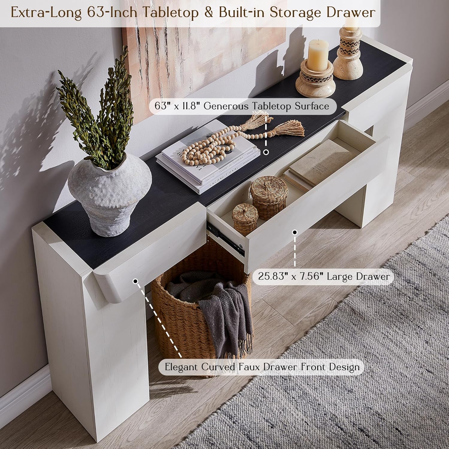 JXQTLINGMU 63" Modern Console Table with Storage Drawer, Entryway Table with Drawers, Thick Wood Legs, Sofa Table Behind Couch, Wood Console Tables for Entryway Hallway Living Room, White and Black