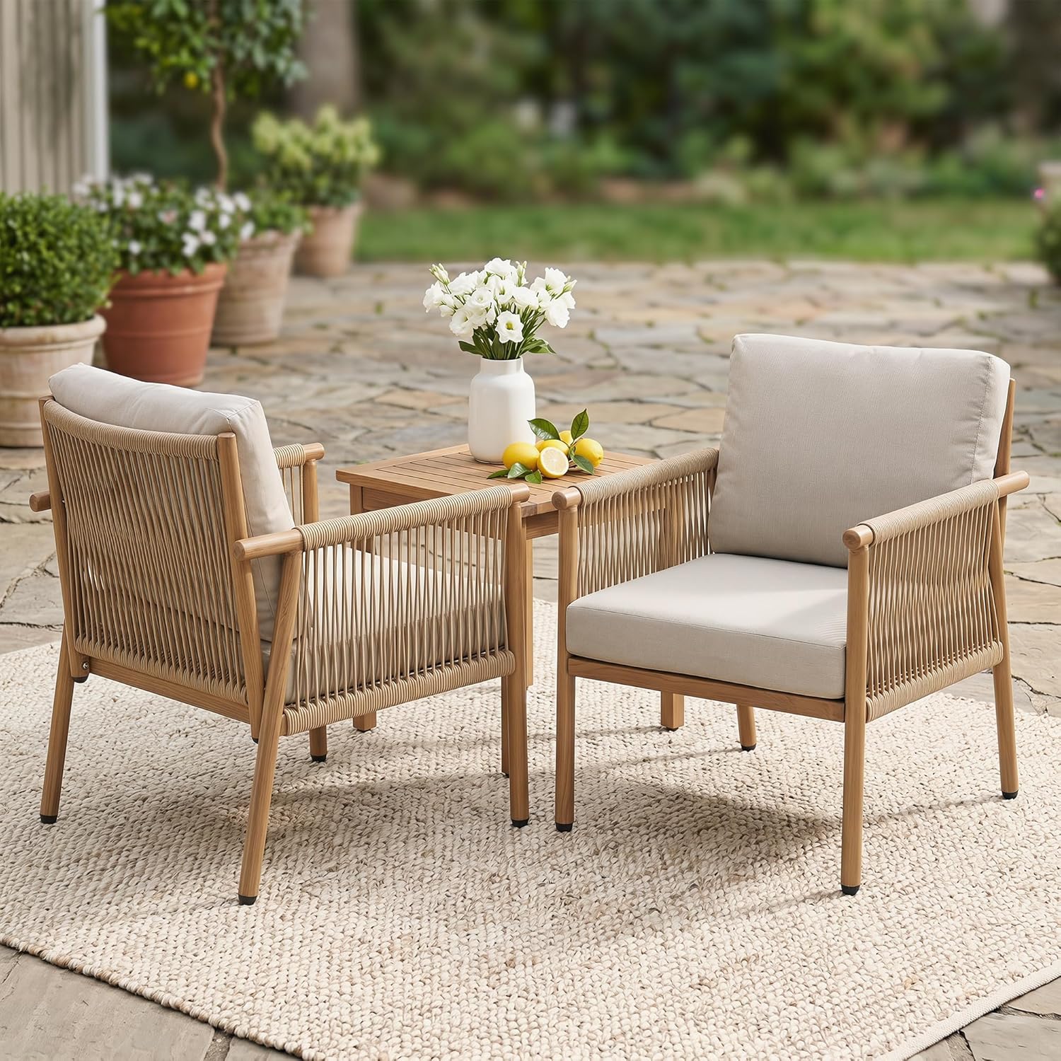 Outdoor Accent Chair, Patio Lounge Chairs Set of 2 with Hand-Woven Rope & Waterproof Cushions, Comfy Metal Patio Outdoor Chair, All-Weather Balcony Seating for Garden/Porch/Poolside, Grey