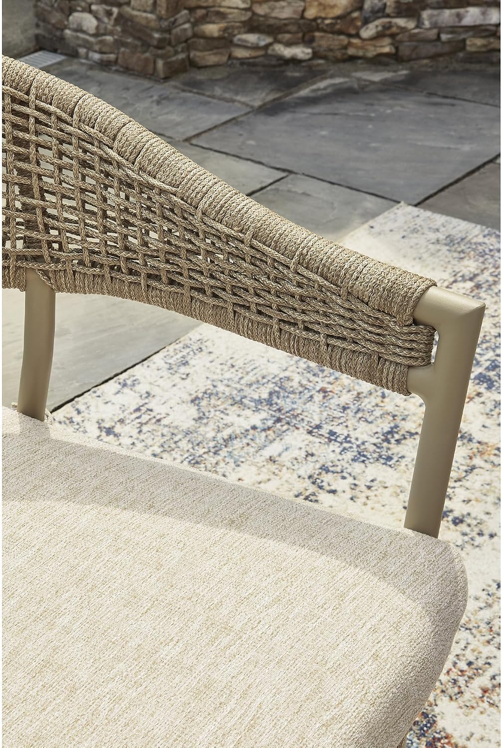 Signature Design by Ashley Ocean Park Set of 4 Outdoor Chairs with Cushions, Stackable, Rope Back, Powder Coated Aluminum Frame, Performance Fabric, Beige