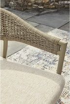 Signature Design by Ashley Ocean Park Set of 4 Outdoor Chairs with Cushions, Stackable, Rope Back, Powder Coated Aluminum Frame, Performance Fabric, Beige