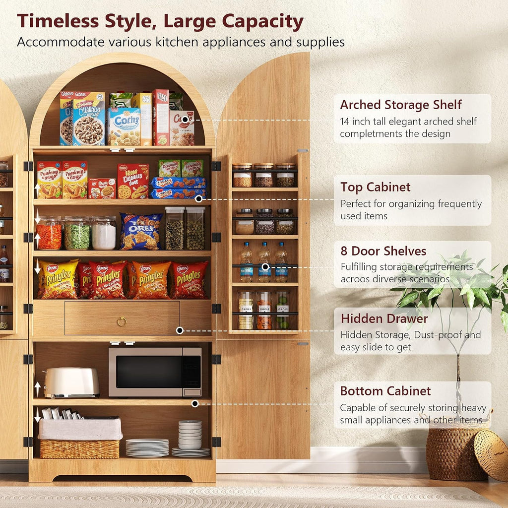 72" Tall Arched Cabinet with Doors, Modern Farmhouse Kitchen Storage Cabinet, Fluted Hutch with 3 Adjustable Shelves, Hidden Drawer Versatile Cupboard for Kitchen, Dining Room, Bathroom, Natural