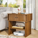 Nightstand with Fluted Sliding Door, 3-Tier Side Table with Hidden Cabinet and Open Storage, 21.7" Wide Modern End Table, for Living Room, Bedroom, Dorm, Spacious Desktop Space, Walnut Brown