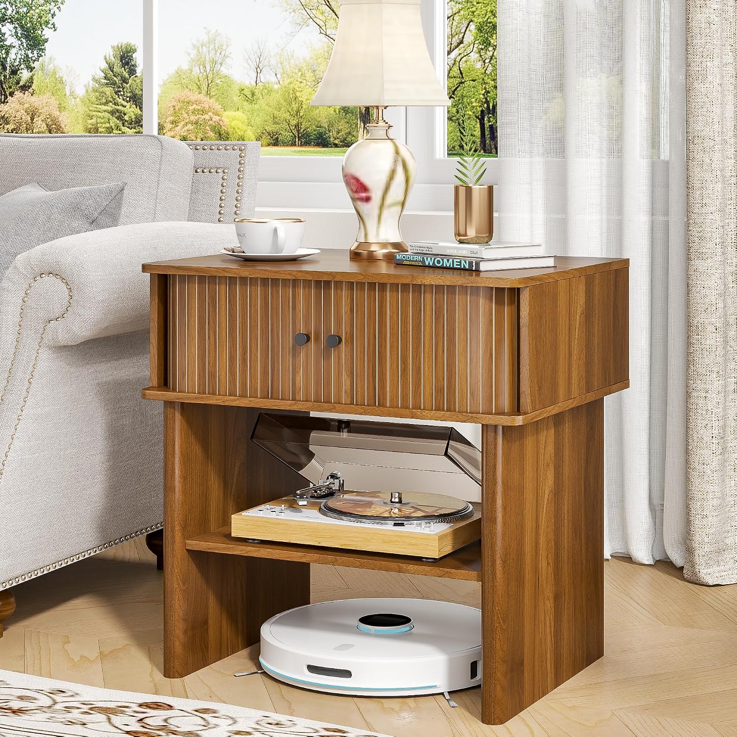 Nightstand with Fluted Sliding Door, 3-Tier Side Table with Hidden Cabinet and Open Storage, 21.7" Wide Modern End Table, for Living Room, Bedroom, Dorm, Spacious Desktop Space, Walnut Brown