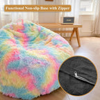 XeGe Kids Fluffy Faux Fur Bean Bag Chair Cover (No Filler), Soft Furry Stuffed Animal Storage Bean Bag Cover for Plush Toys, Shaggy Fuzzy Beanbag for Kids Teens Girls Children, Anti-Slip, Rainbow