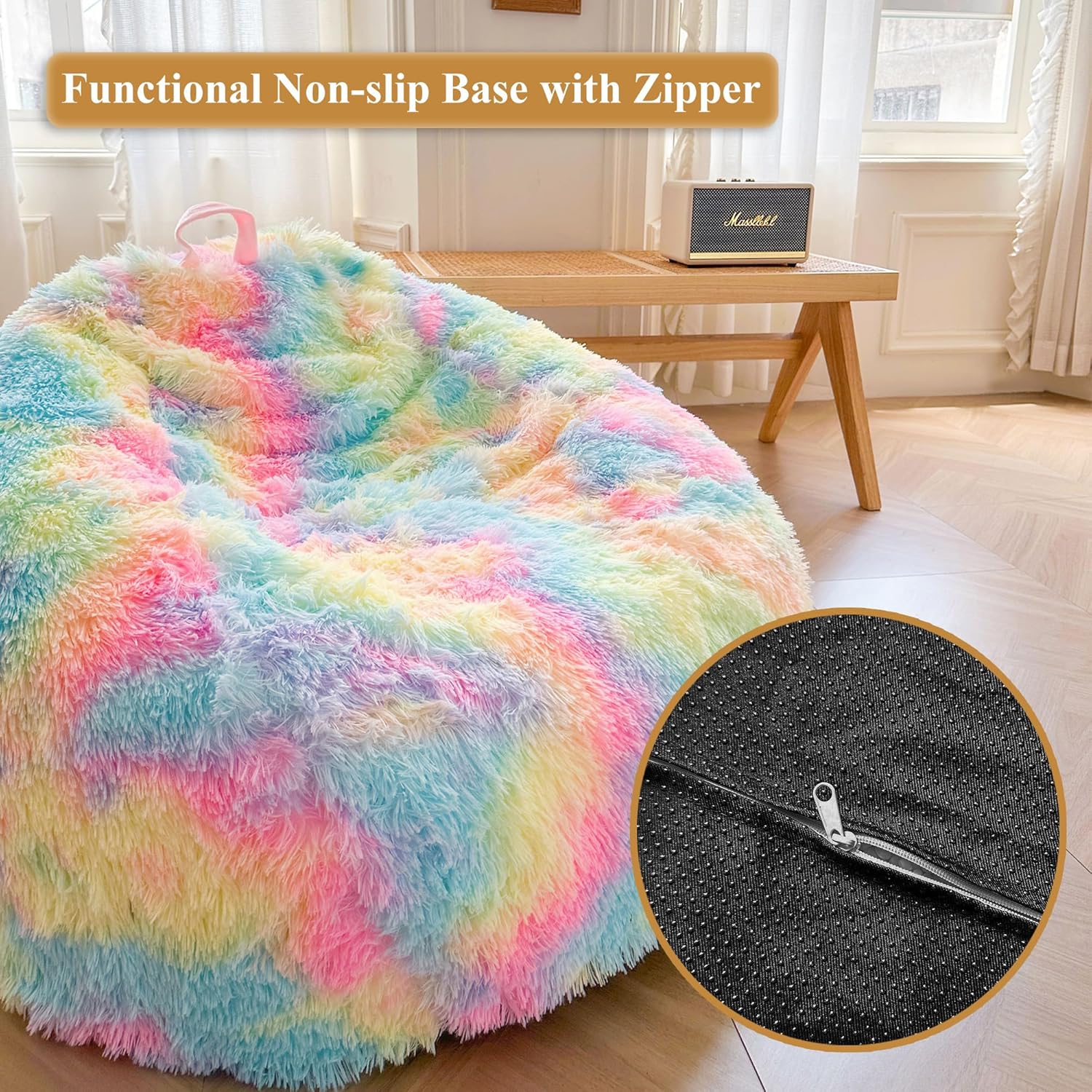XeGe Kids Fluffy Faux Fur Bean Bag Chair Cover (No Filler), Soft Furry Stuffed Animal Storage Bean Bag Cover for Plush Toys, Shaggy Fuzzy Beanbag for Kids Teens Girls Children, Anti-Slip, Rainbow