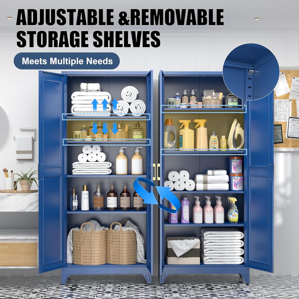 Kitchen Pantry Storage Cabinets, 75" Tall Metal Storage Cabinet with Doors and 4 Shelves, Blue Pantry Cabinet, Utility Kitchen Cupboard, Large Steel Cabinets for Dining, Office, Living Room