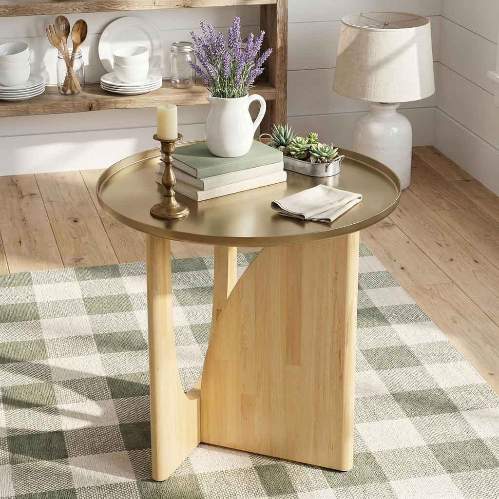 Asday Farmhouse End Table, Wood Side Table with Metal Tray Top, Geometric Base, Small End Table, Bedside Table for Living Room or Bedroom, 1 Piece
