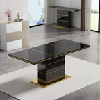 SSLine 70" Modern High Gloss Dining Table for 6, Black Wooden Tabletop with Gold Stainless Steel Trim, Geometric Pedestal Base, Luxury Elegant Kitchen Table for Home Office Dining Room