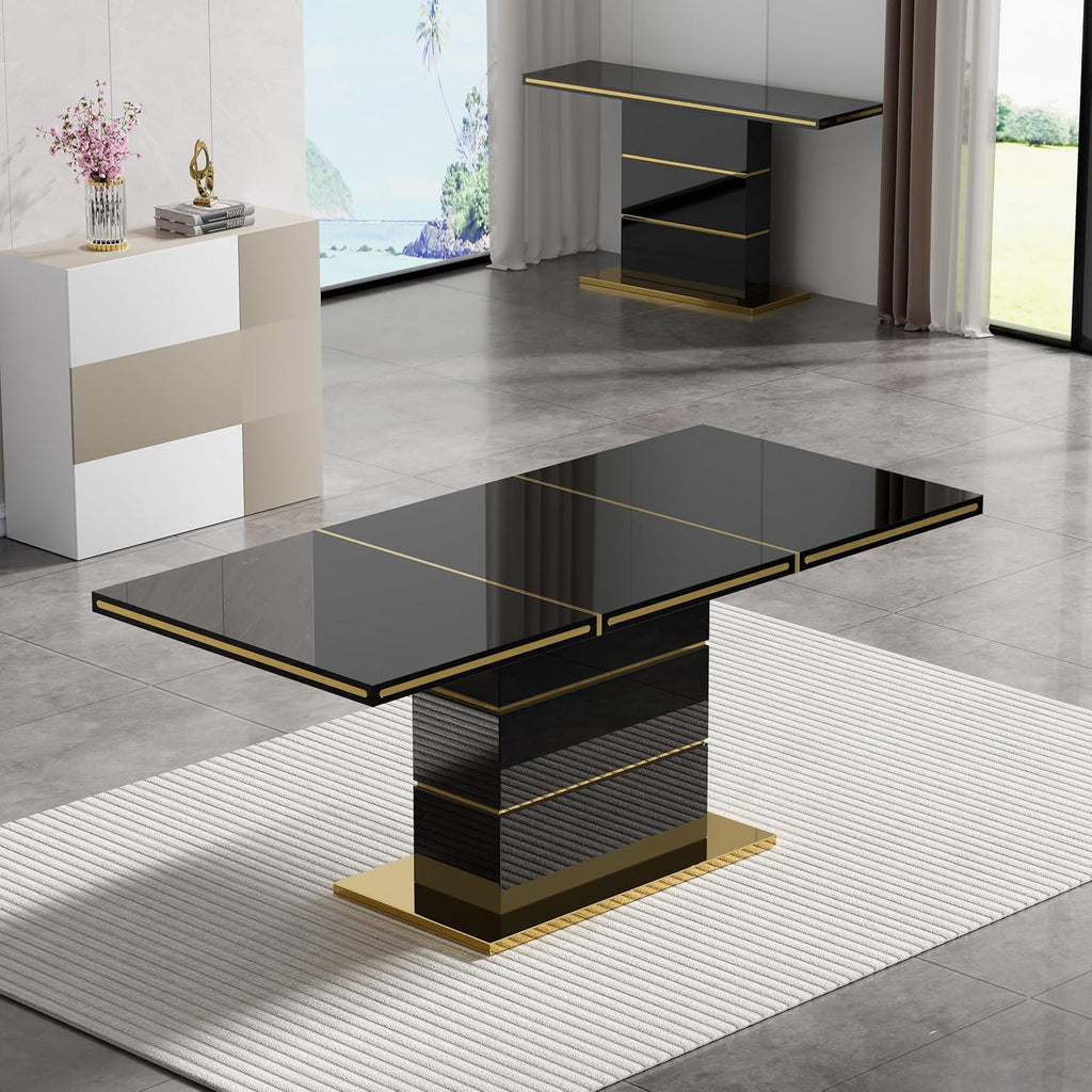 70 Inch Black High Gloss Dining Table, Modern Dining Room Table with Stainless Steel Polished Gold-Plated Bar, Luxurious Kitchen Table for Kitchen Living Room Dining Room