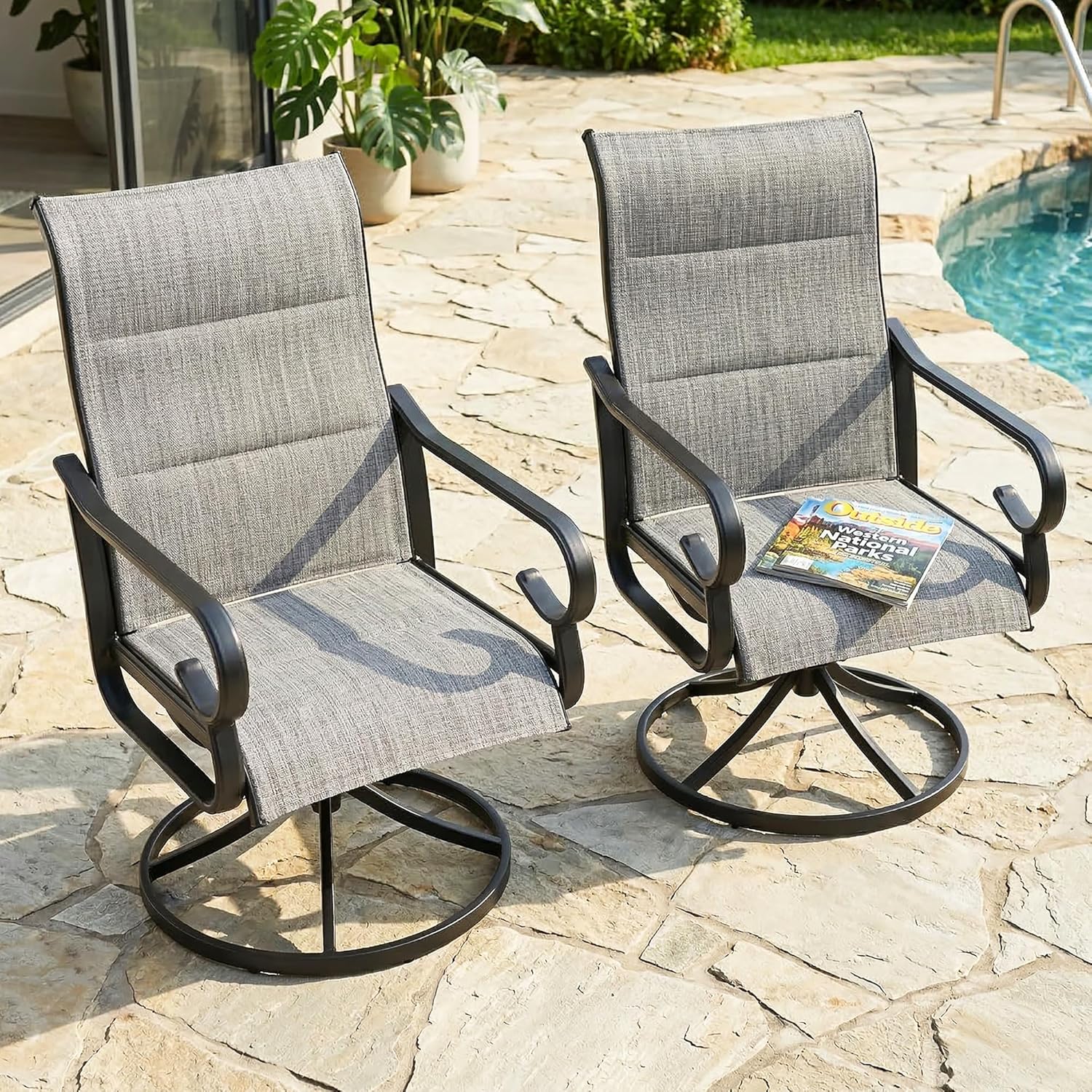 NUU GARDEN Patio Swivel Dining Chairs Set of 2, Outdoor Swivel Rocker Chairs with High Back Textilene Seat and Powder Coated Frame, for Lawn Porch Garden, Light Gray