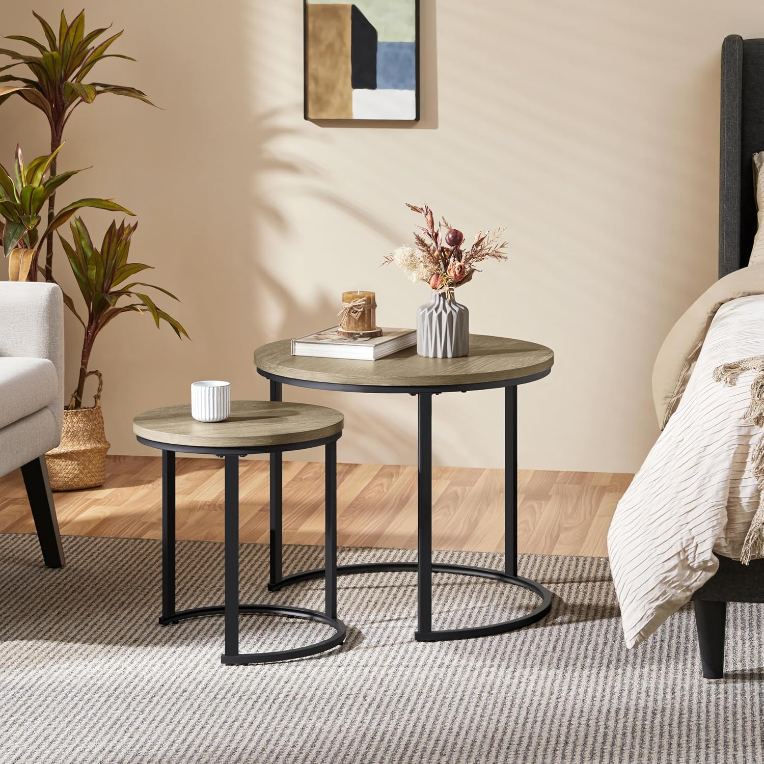 Yaheetech Nesting End Table Set of 2, Rustic Stacking Side Tables, Round Wooden Tabletop and Sturdy Metal Base for Living Room, Tea Room, Small Space, Gray | Nesting Table