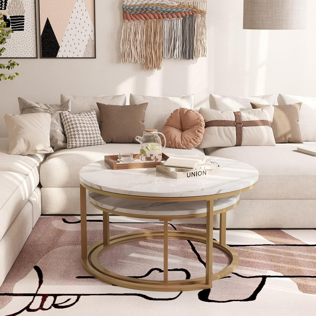 WiberWi Round Coffee Table Nesting Tables Set of 2, Large : Ø 34.0", Small : Ø 26.0", Modern Design Coffee Tables for Living Room, Gold Metal Frame Circle Cocktail Table, High Glossy Faux White Marble