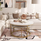 WiberWi Round Coffee Table Nesting Tables Set of 2, Large : Ø 34.0", Small : Ø 26.0", Modern Design Coffee Tables for Living Room, Gold Metal Frame Circle Cocktail Table, High Glossy Faux White Marble