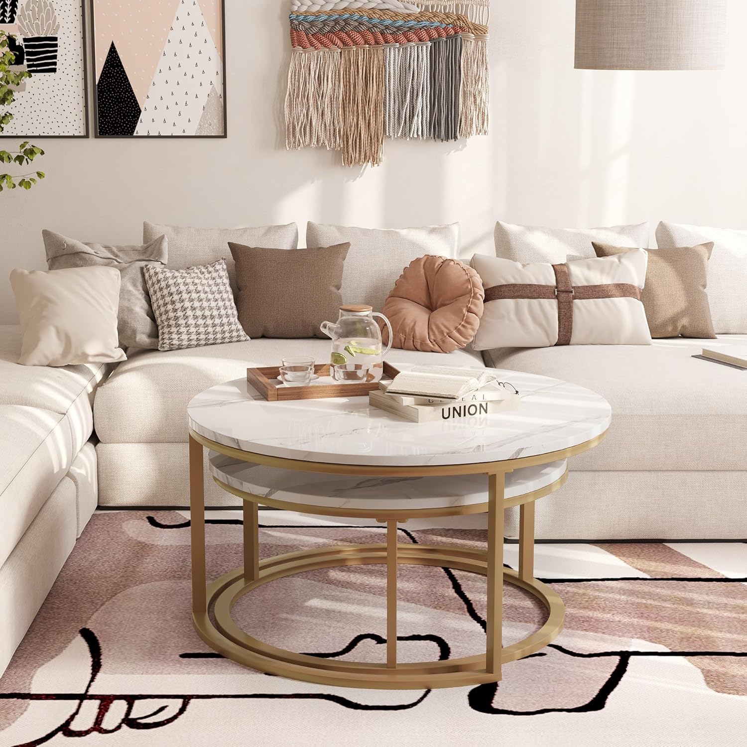 WiberWi Round Coffee Table Nesting Tables Set of 2, Large : Ø 34.0", Small : Ø 26.0", Modern Design Coffee Tables for Living Room, Gold Metal Frame Circle Cocktail Table, High Glossy Faux White Marble