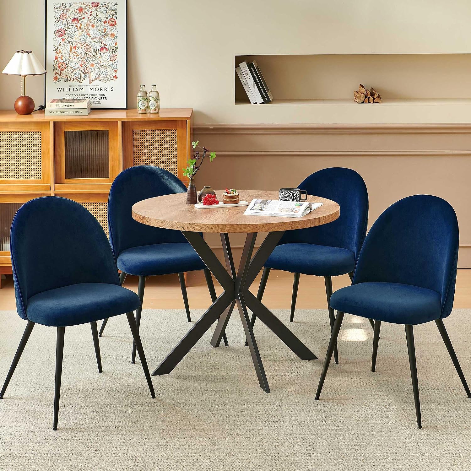 Homedot 5-Piece Kitchen Dining Table Set for 4 with Navy Blue Chairs Upholstered, Modern Round Dining Reception Table Set, Space-Saving Dinette Table Set for Apartment, Dining Room