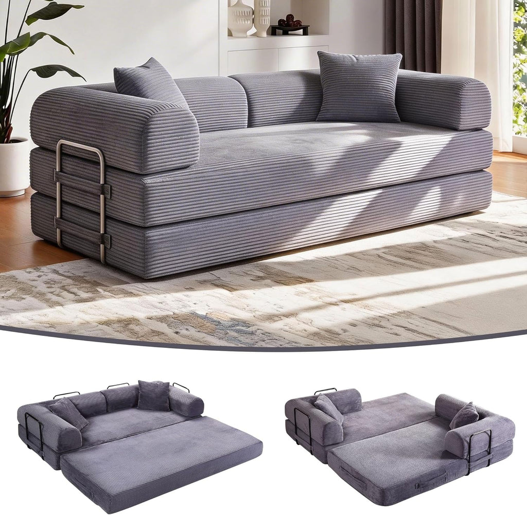 JJJ 78 inch Sofa Bed 4-in-1 Boneless Convertible Corduroy Sleeper Folding Couch with Fixed-Shape Frame and 2 Futons No Assemble Required 3 Seater Upholstered for Living Room (Gray, 78 inch)