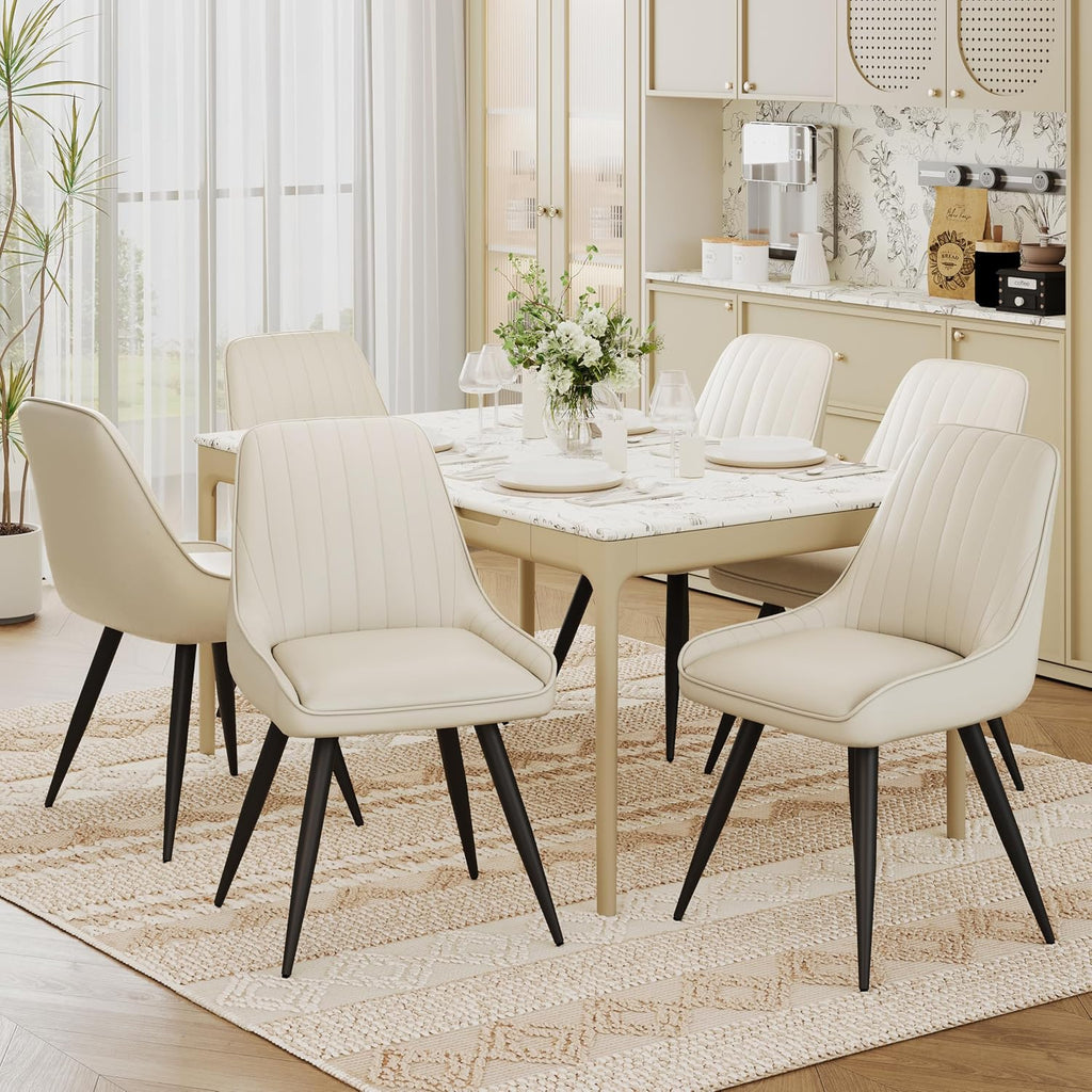 Alunaune Modern Dining Chairs Set of 6, Mid Century Upholstered Kitchen Chairs Anti Scratch Armless Leisure Accent Chair, Living Room Faux Leather Desk Side Chair with Metal Legs-Beige