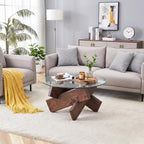 Round Glass Coffee Table, 33.4 Inch Clear Tempered Glass Top Coffee Table with Walnut Crossed Legs, Modern Small Glass Center Table for Living Room Home