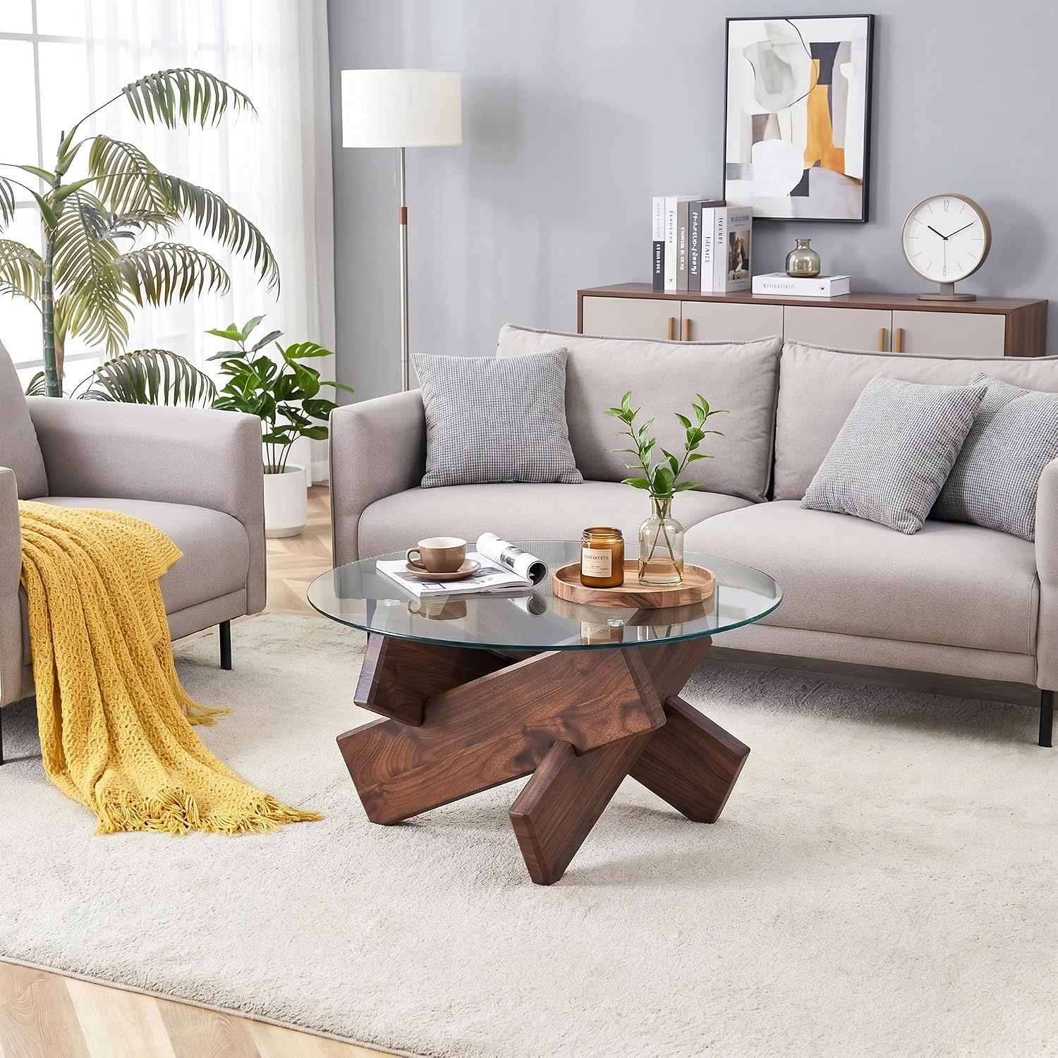 Round Glass Coffee Table, 33.4 Inch Clear Tempered Glass Top Coffee Table with Walnut Crossed Legs, Modern Small Glass Center Table for Living Room Home