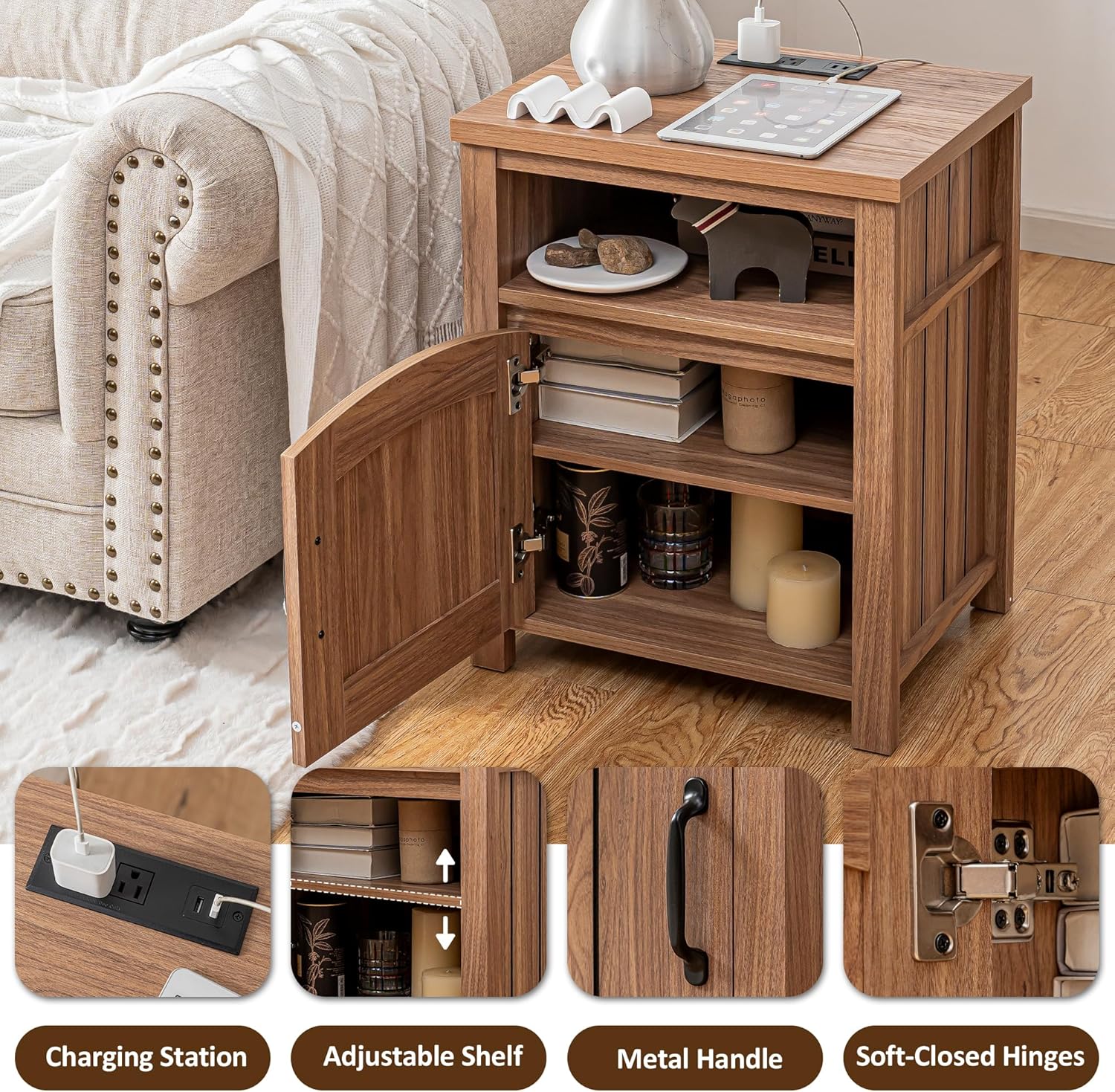 Farmhouse Nightstand with Charging Station, 18" End Table with Adjustable Storage Shelf, Rustic Wood Sofa Side Table with Door for Living Room, Bedroom, Oak