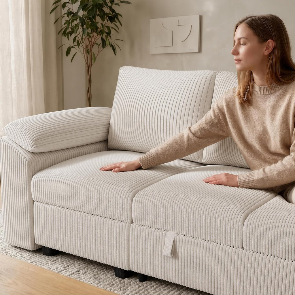 108 Inch Sectional Sleeper Sofa Bed with Pull Out Couch, U Shaped 7 Seat Cloud Modular Sectional Sofa with Storage, Corduroy Sectional Couches for Living Room, Removable Sofa Cover, Beige