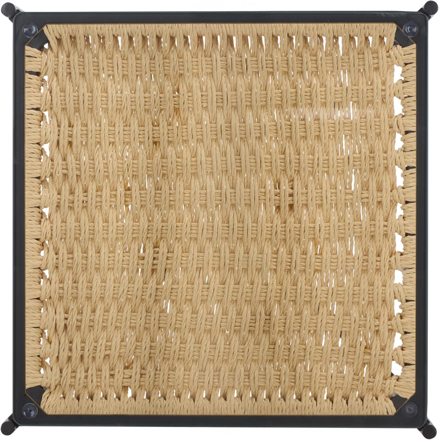 SAFAVIEH Home Collection - Omaka Square End Table, Black Metal Frame with Glass Top and Natural Woven Shelf (ACC2325A)