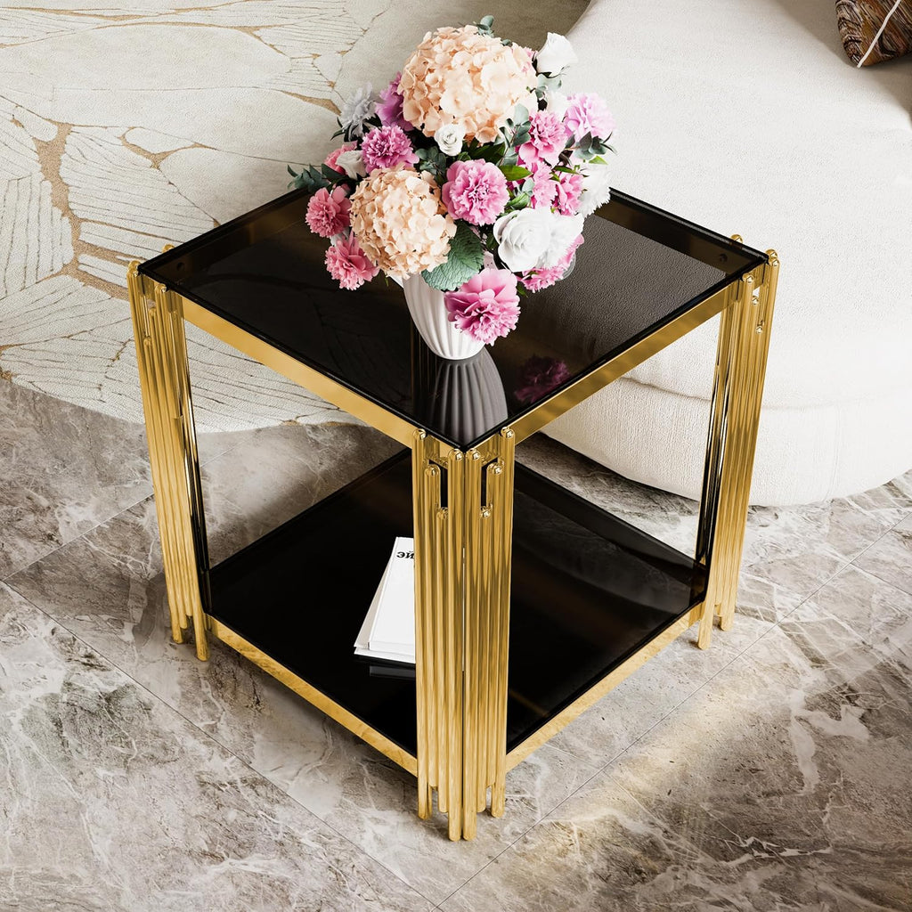Black Mirror End Table for Living Room, Square,Asymmetrical Metal, Gold Lower Shelf, 19.9"