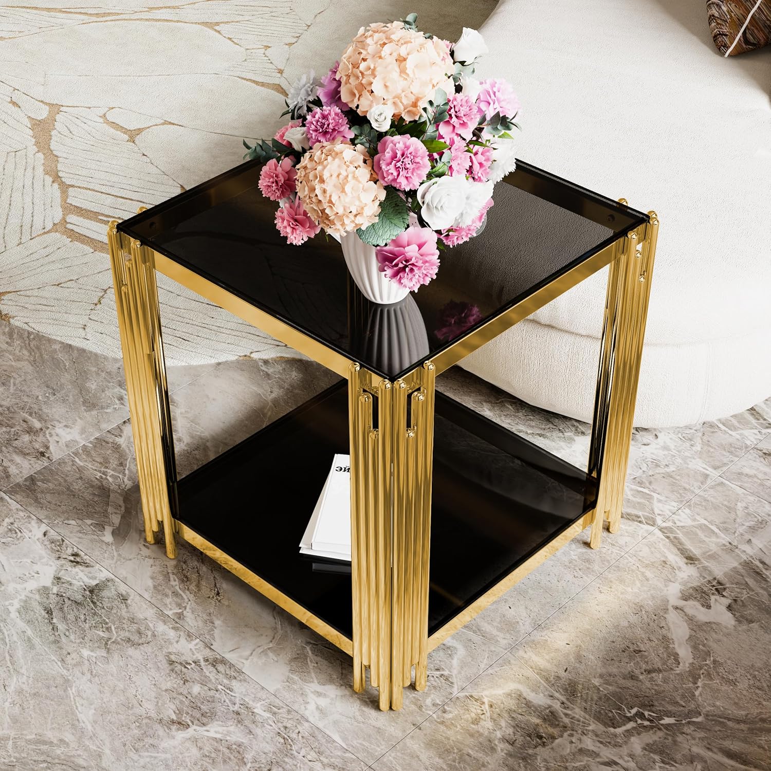 Black Mirror End Table for Living Room, Square,Asymmetrical Metal, Gold Lower Shelf, 19.9"