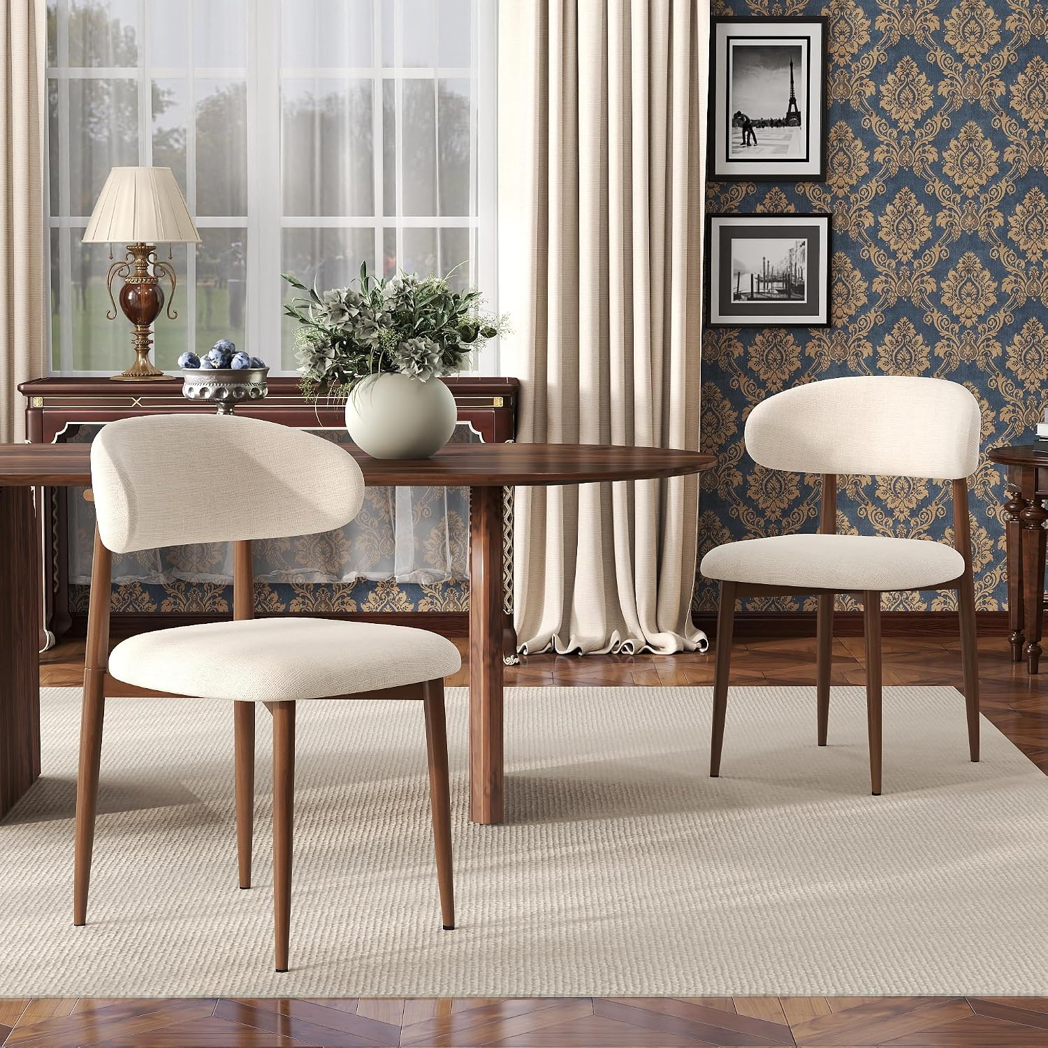 Beige Dining Chairs Set of 2, Modern Upholstered Dining Room Chair with Linen Fabric, Farmhouse Kitchen Side Chairs for Home, Apartment, Restaurant, Walnut Metal Legs(Chair Only)
