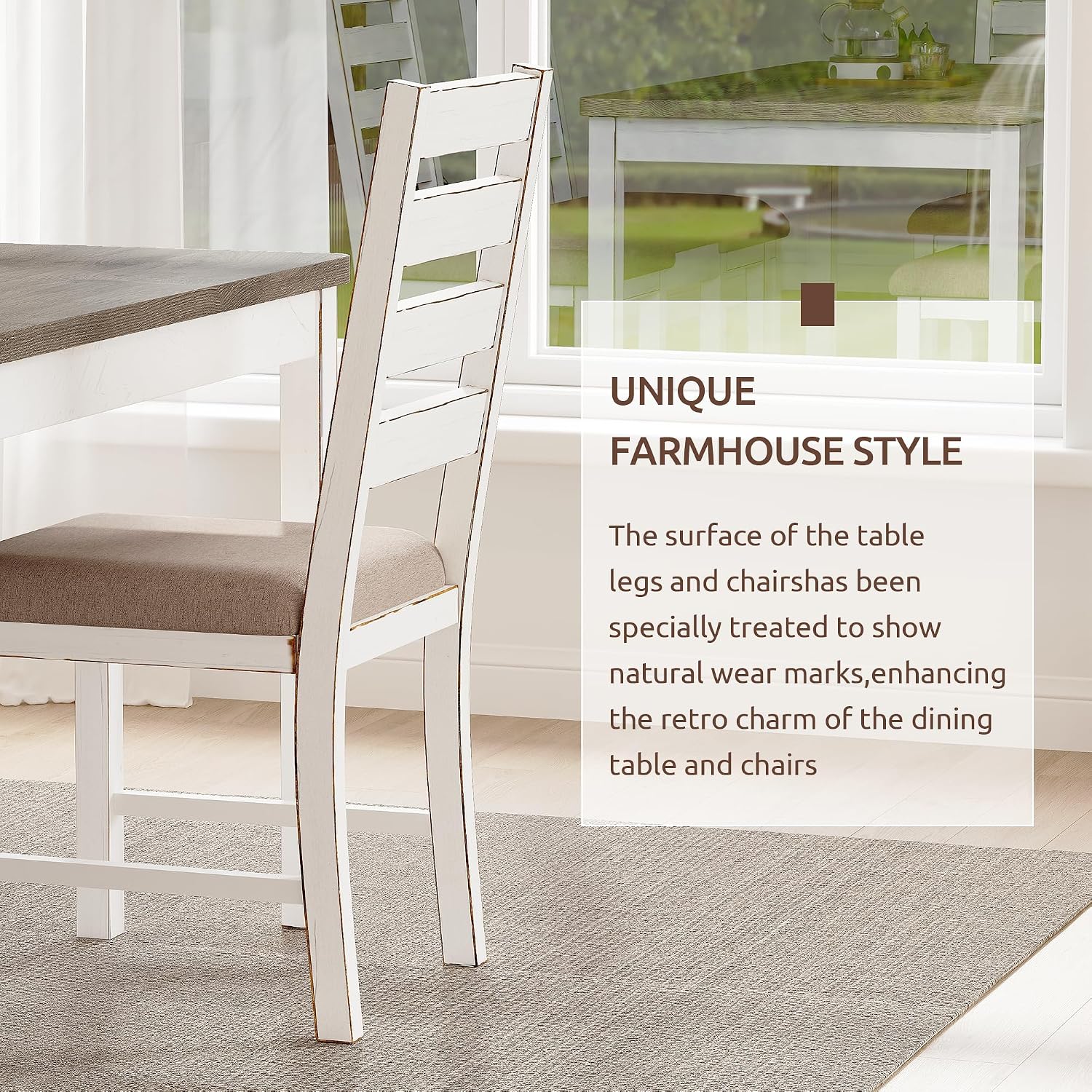 59" Farmhouse Dining Table Set for 6, White Rectangular Wood Table with Upholstered Chairs & Bench for Kitchen or Dining Room (2chiars&2bench)
