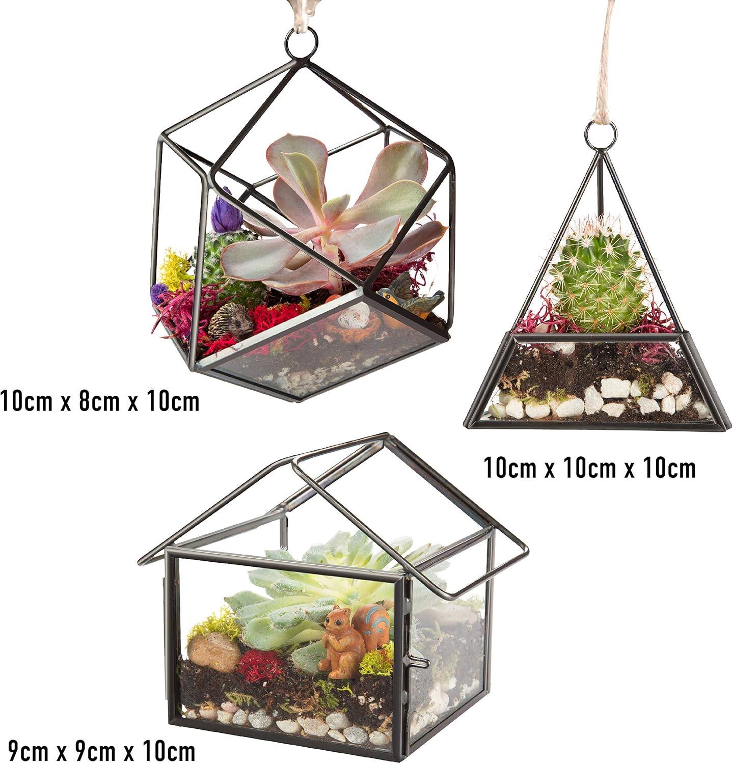 D'Eco Glass Mini Geometric Plant Terrariums 3 Pack - Triangle, House & Prism Planters for Spring Home Decor - Fill with Succulents, Cacti, Air Plants, Moss, Flowers for Plant Lovers