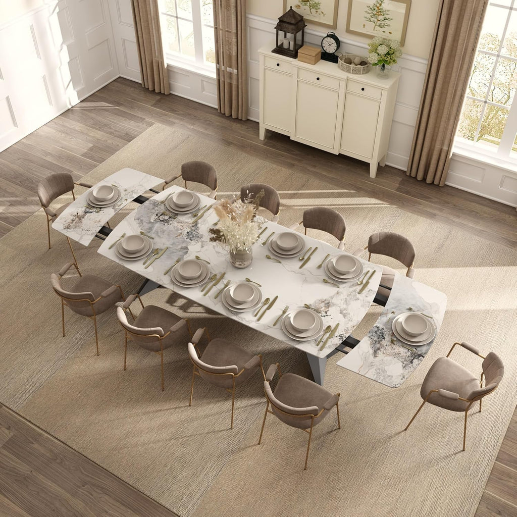 Honyee Extendable Dining Table with Leaf, 78 to 110 Inch Rectangular Sintered Stone, Modern Large Dining Room Table Seats 6 8 10 12, Metal Base, Marble Look for Family Gatherings