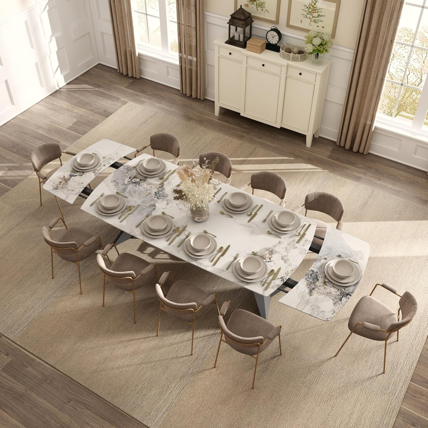 Honyee Extendable Dining Table with Leaf, 78 to 110 Inch Rectangular Sintered Stone, Modern Large Dining Room Table Seats 6 8 10 12, Metal Base, Marble Look for Family Gatherings