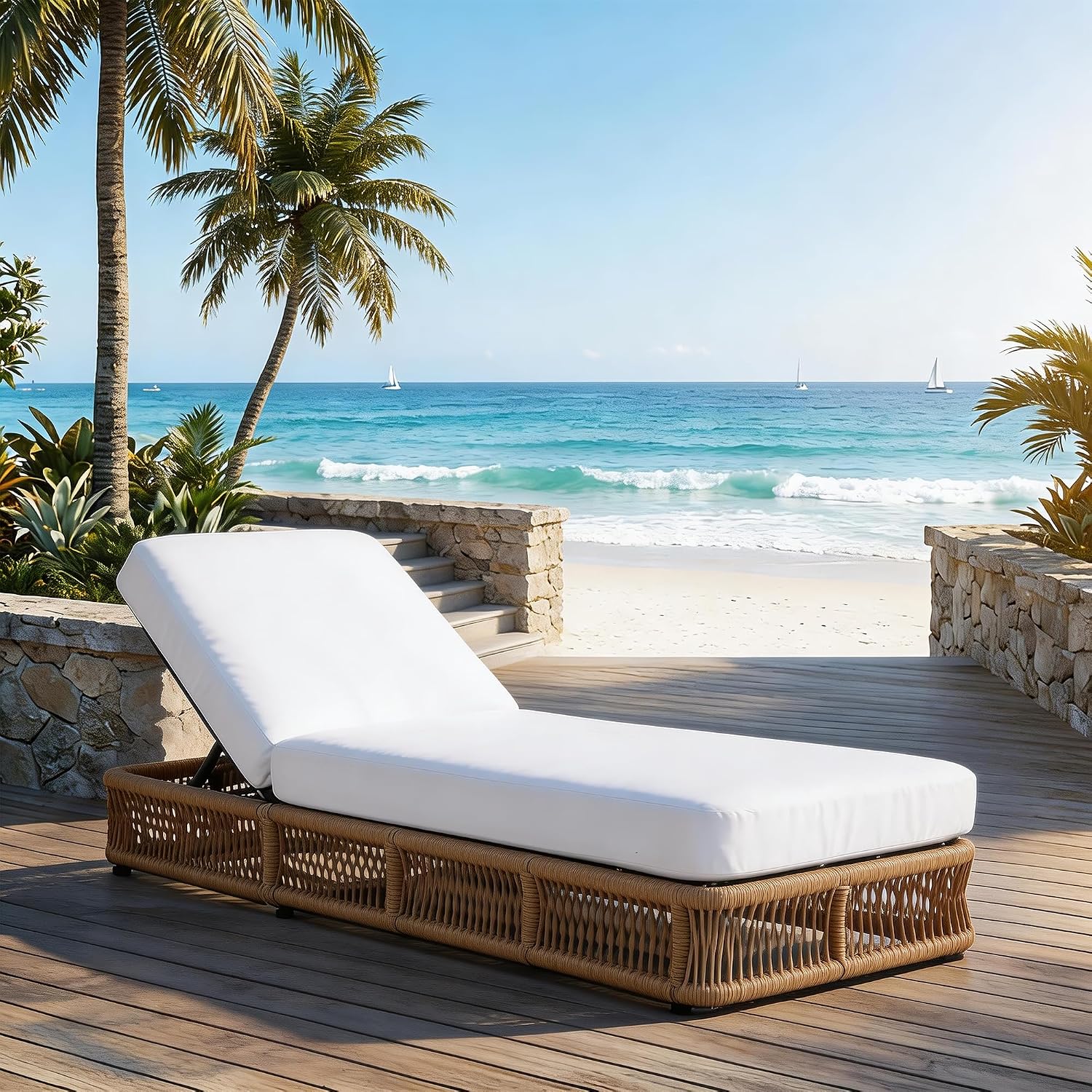 Outdoor Chaise Lounge Chair Set of 2, 5-Position Adjustable Backrest, All-Weather Brown Woven Rope Recliner with 5 Inch Beige Cushion, Water-resistant Patio Lounge Chair for Poolside, Beach, Backyard
